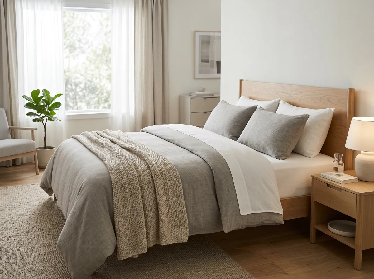 Neutral bedding set arranged neatly on a bed in a bright furnished rental bedroom