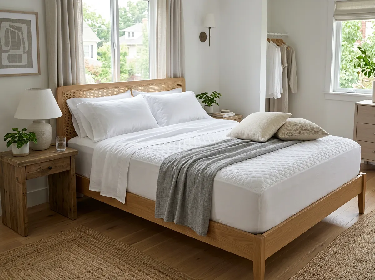 Mattress (mattress protector) on a neatly made bed in a bright furnished rental bedroom