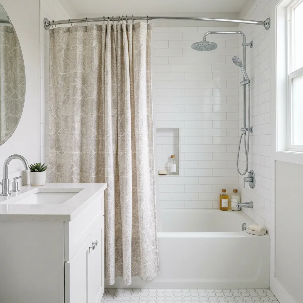 Shower curtain in a bright, furnished rental bathroom