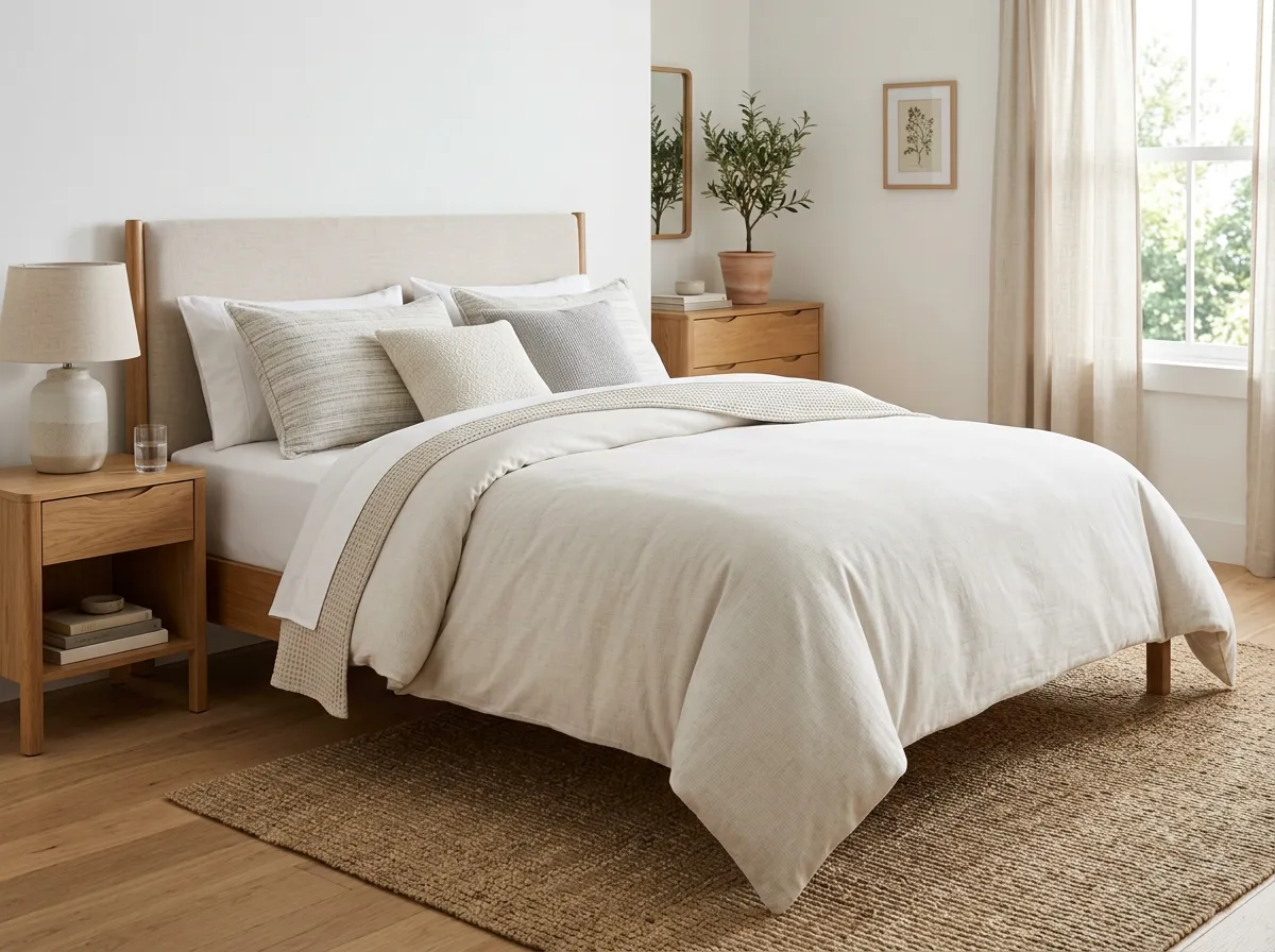 Duvet cover set on a neatly made bed in a bright furnished rental bedroom
