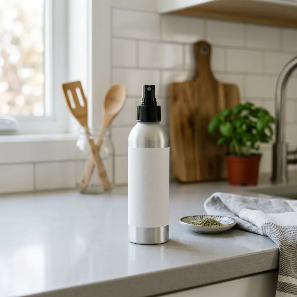 Cooking spray bottle on a kitchen counter in a furnished rental