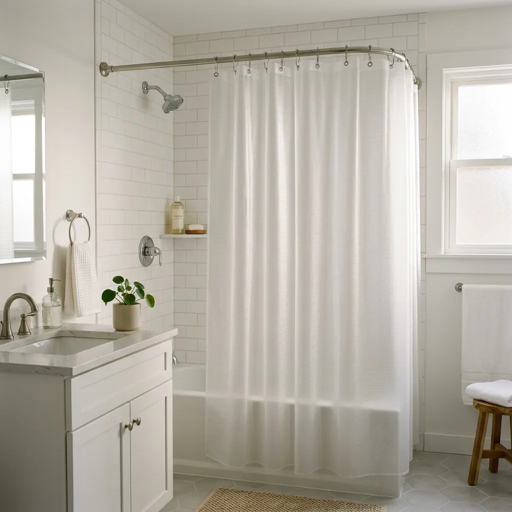 Shower curtain liner in a bright, furnished rental bathroom