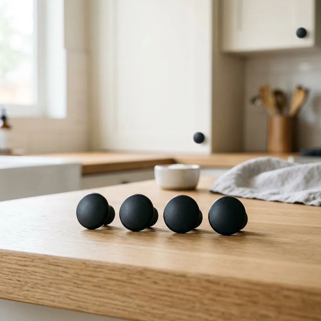 Matte black cabinet knobs on a kitchen counter in a furnished rental