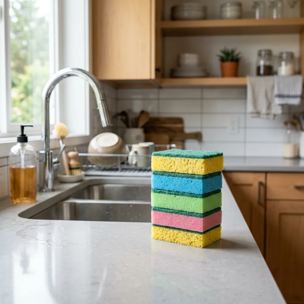 Kitchen sponges on a counter by the sink in a furnished rental