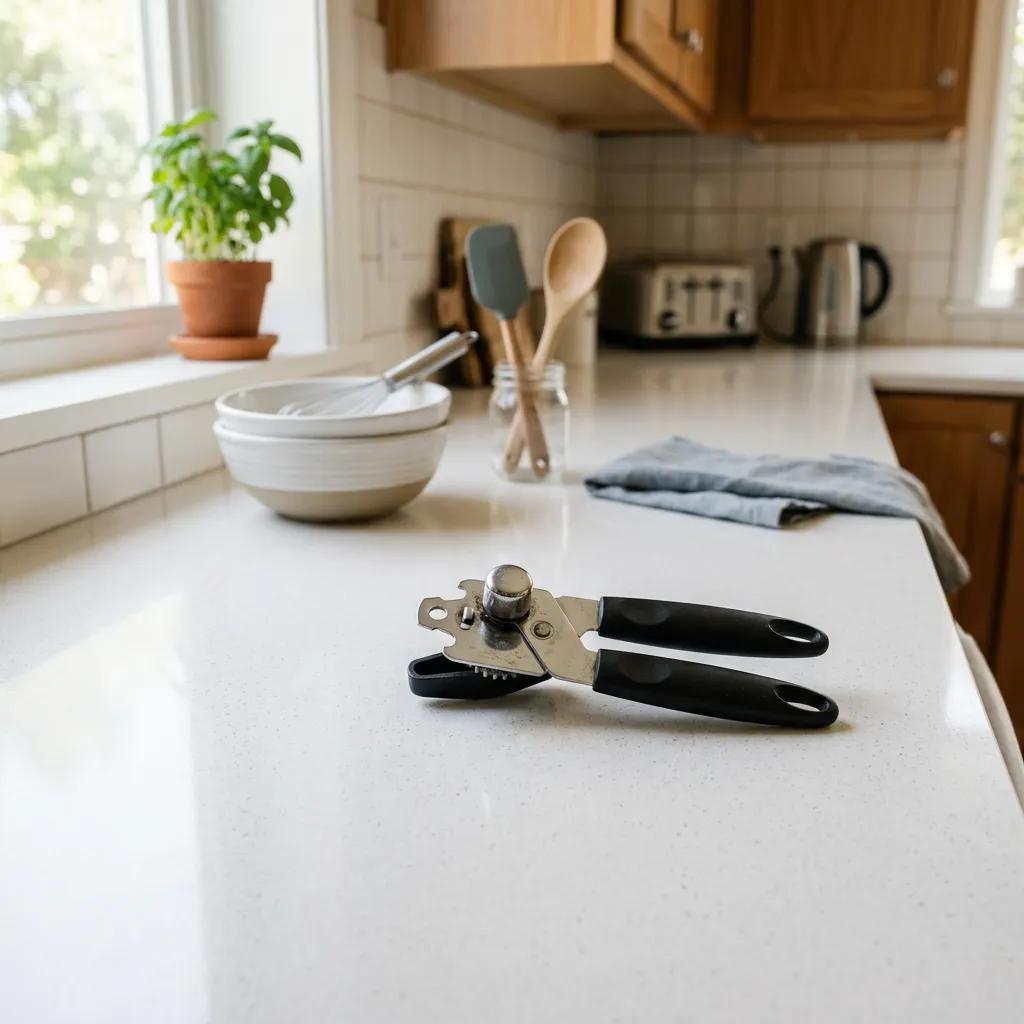 Can opener on a kitchen countertop in a furnished rental