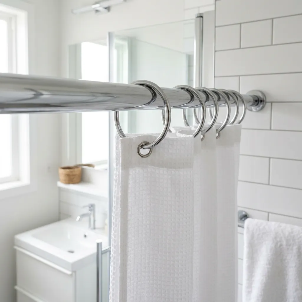 Curtain rings on a shower curtain rod in a bright furnished rental bathroom