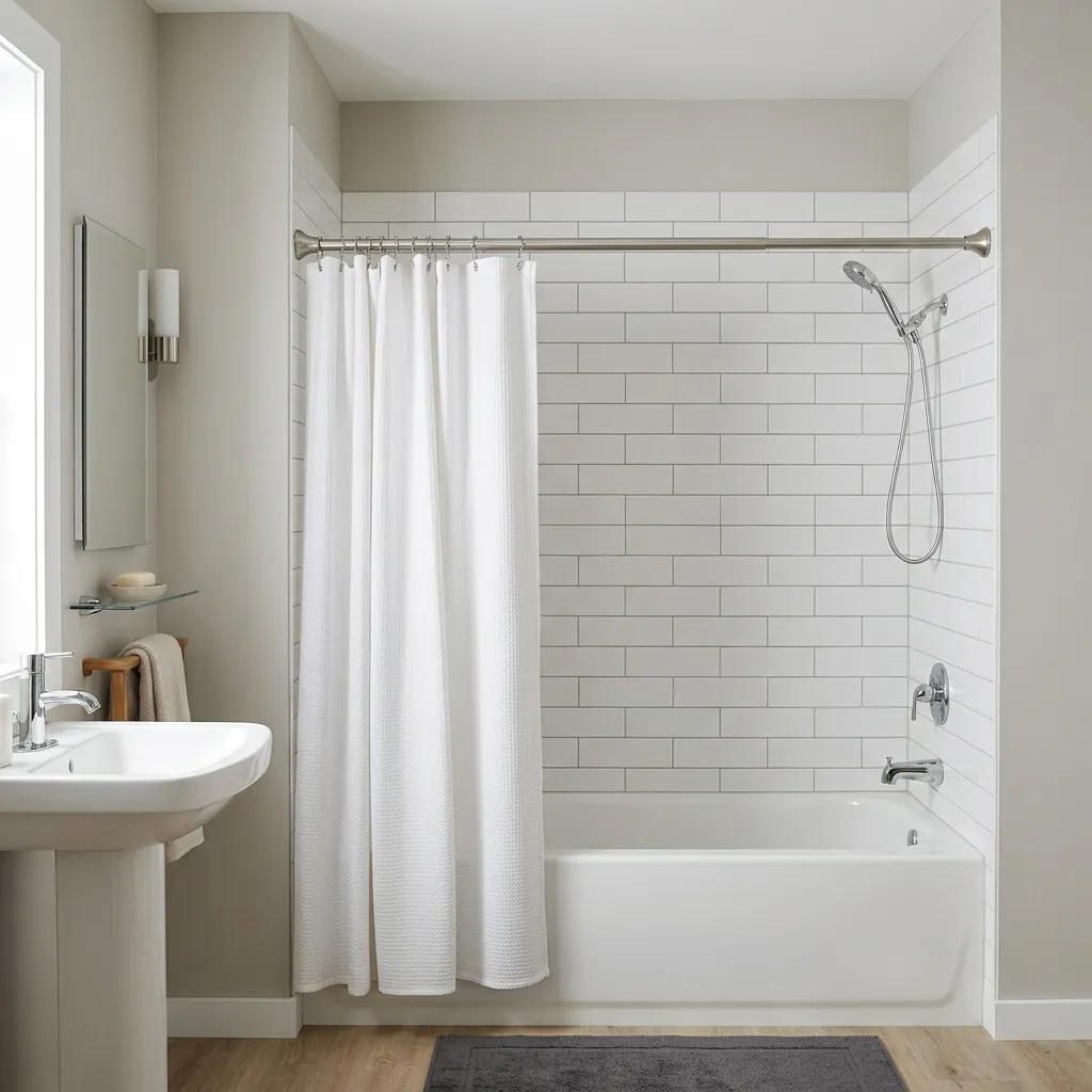 Shower curtain rod in a bright, furnished rental bathroom