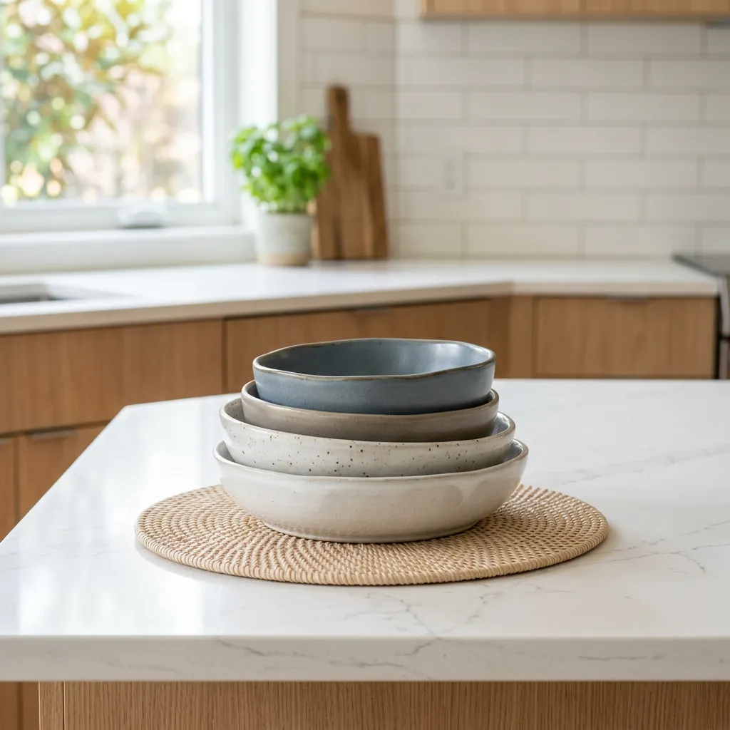 Bowls on a kitchen counter in a furnished rental.