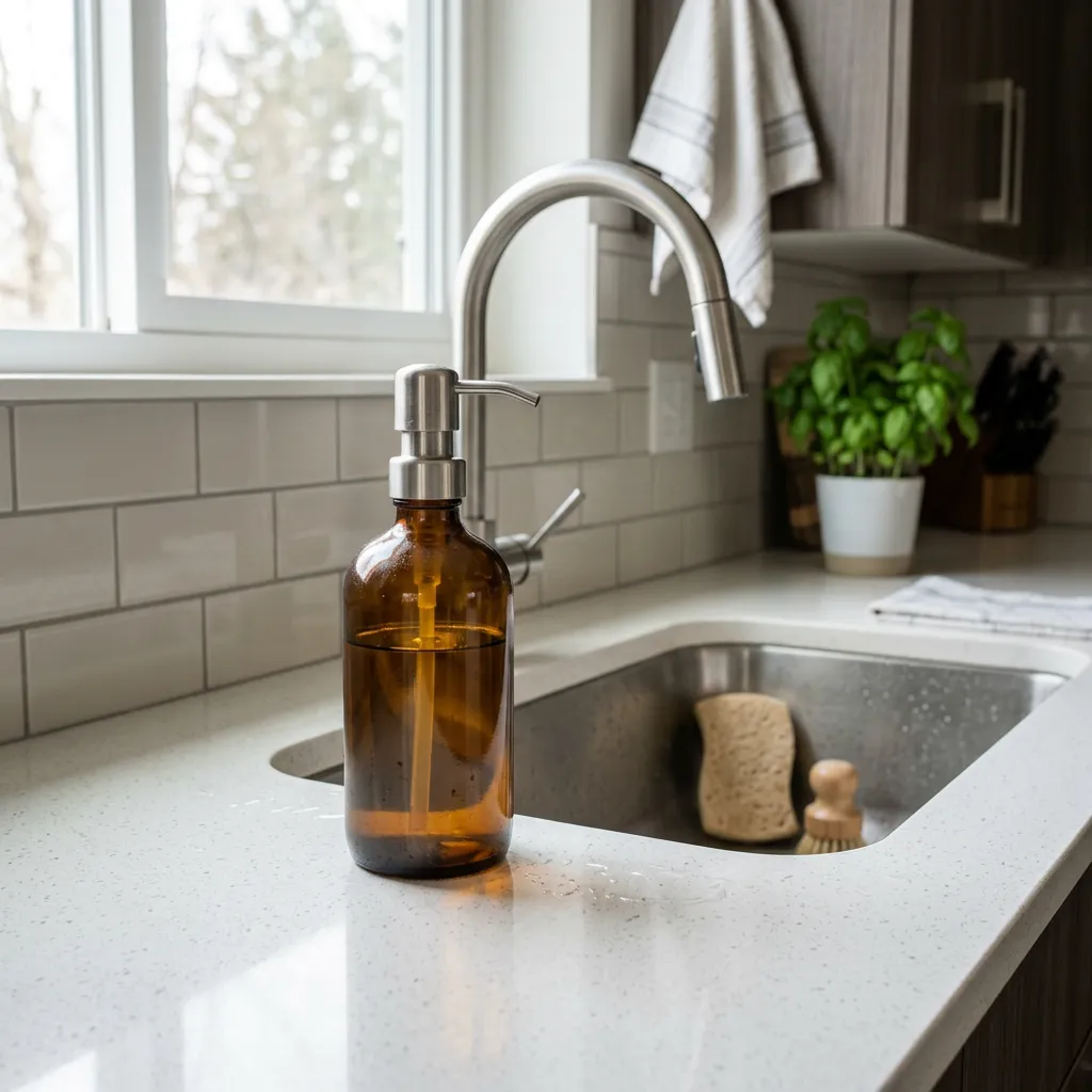 Dish soap bottle by a kitchen sink in a furnished rental