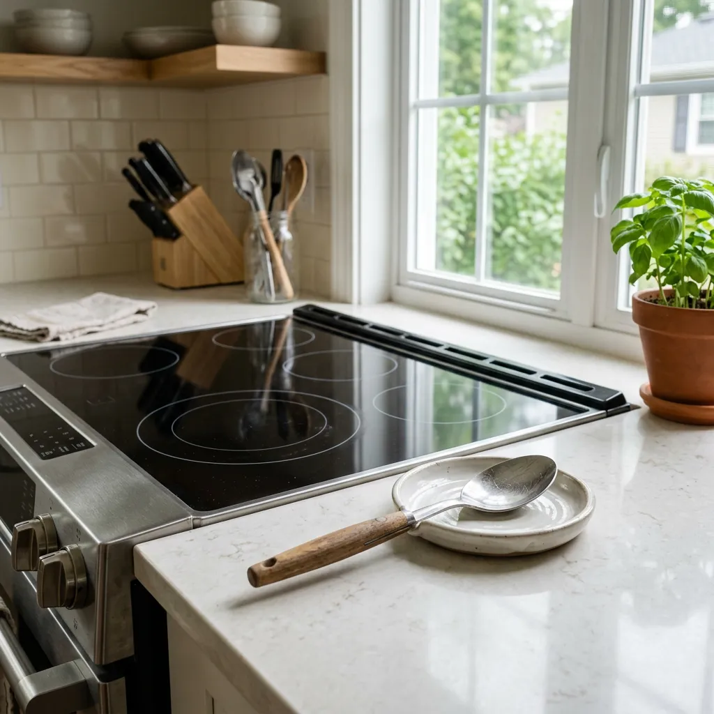Spoon rest on a kitchen counter next to a stovetop in a bright furnished rental kitchen