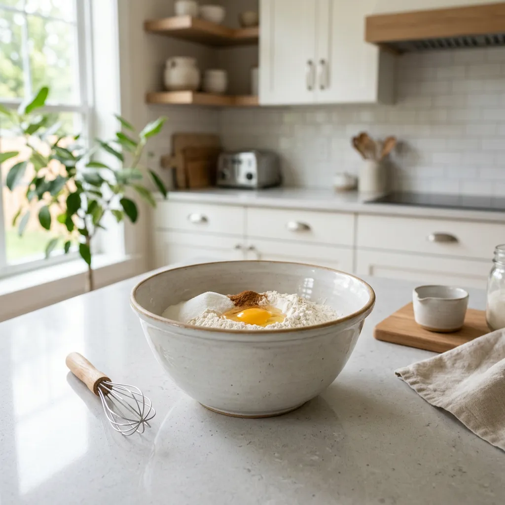 Mixing bowl on a kitchen counter in a furnished rental.
