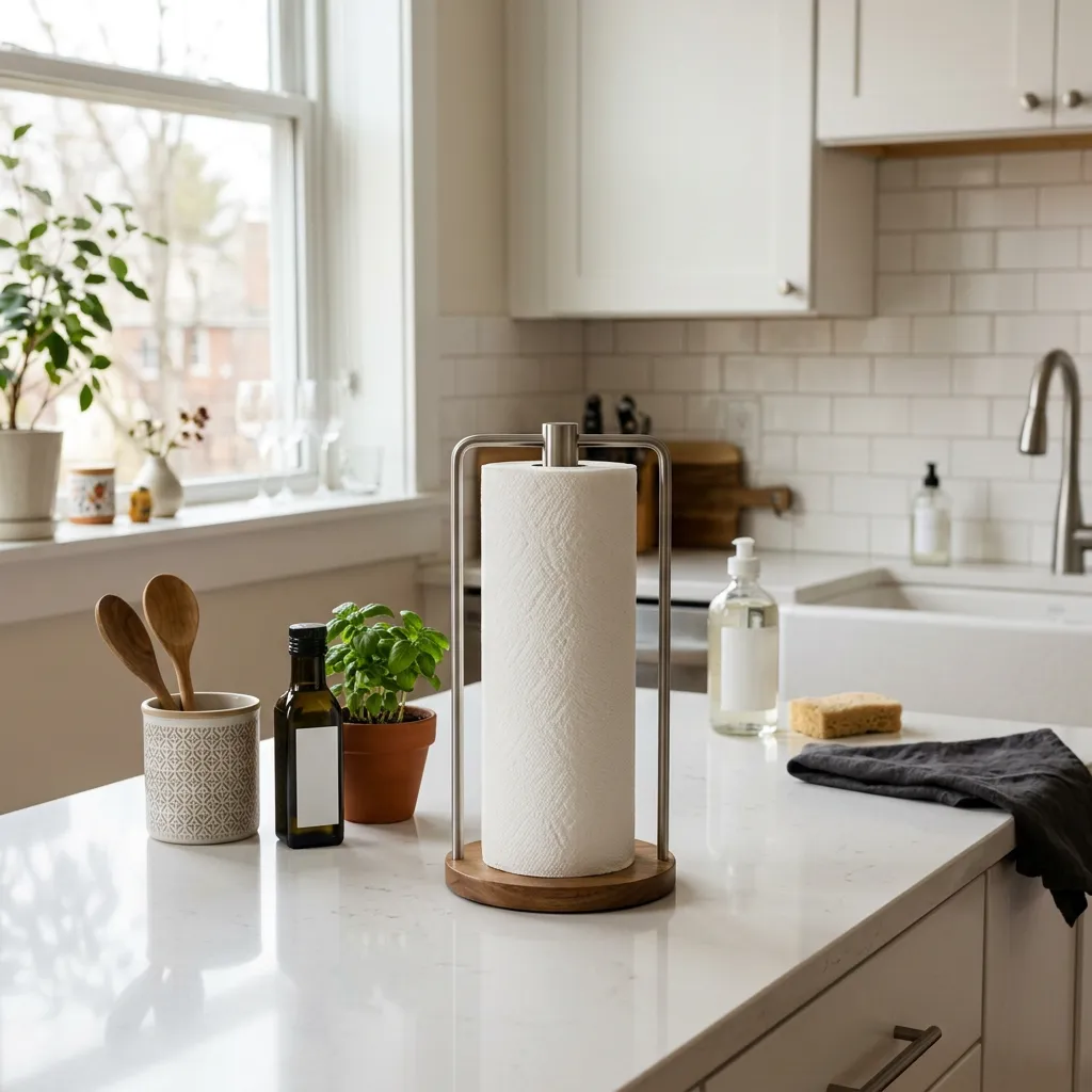 Paper towel holder with paper towels on a kitchen countertop in a furnished rental