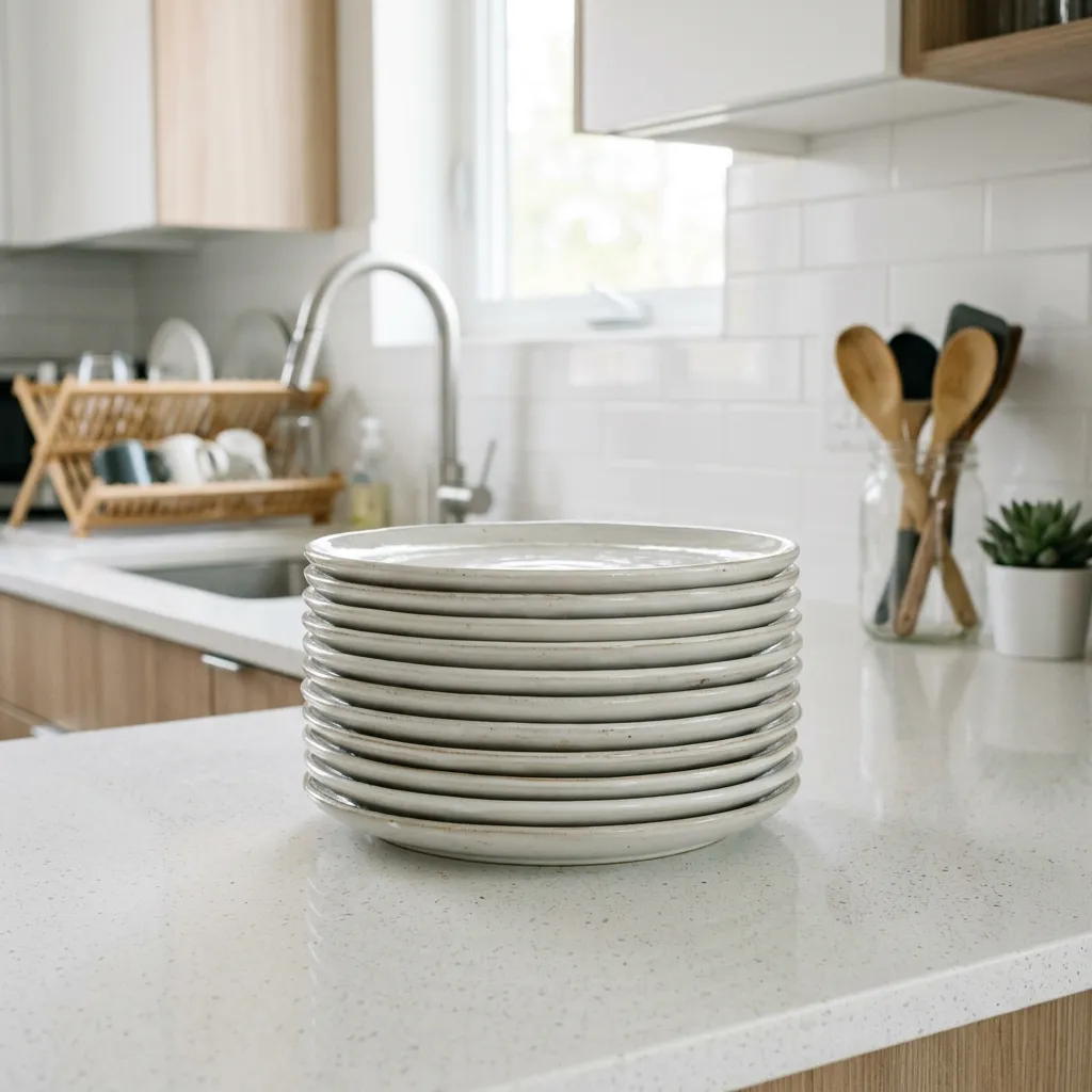 Dinner plates stacked on a kitchen counter in a furnished rental.