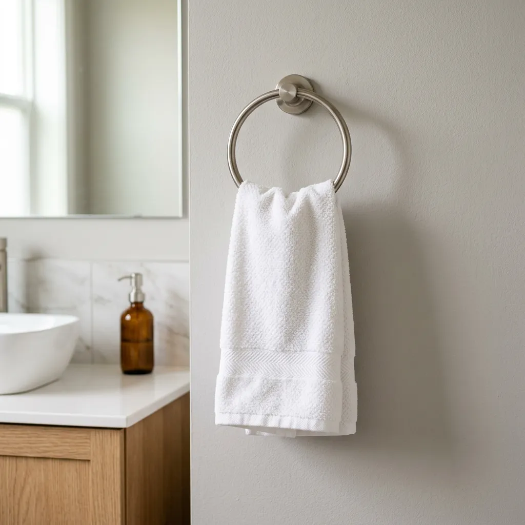 Hand towel holder with a towel in a furnished rental bathroom.