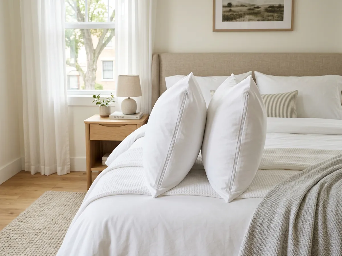 Pillow protectors on pillows in a bright, furnished rental bedroom