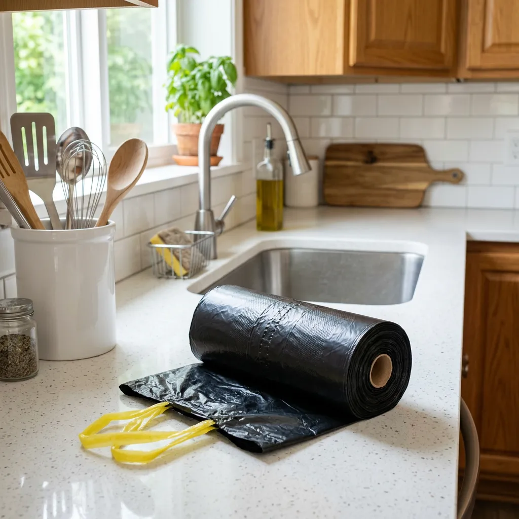 Garbage bags on a kitchen counter in a furnished rental