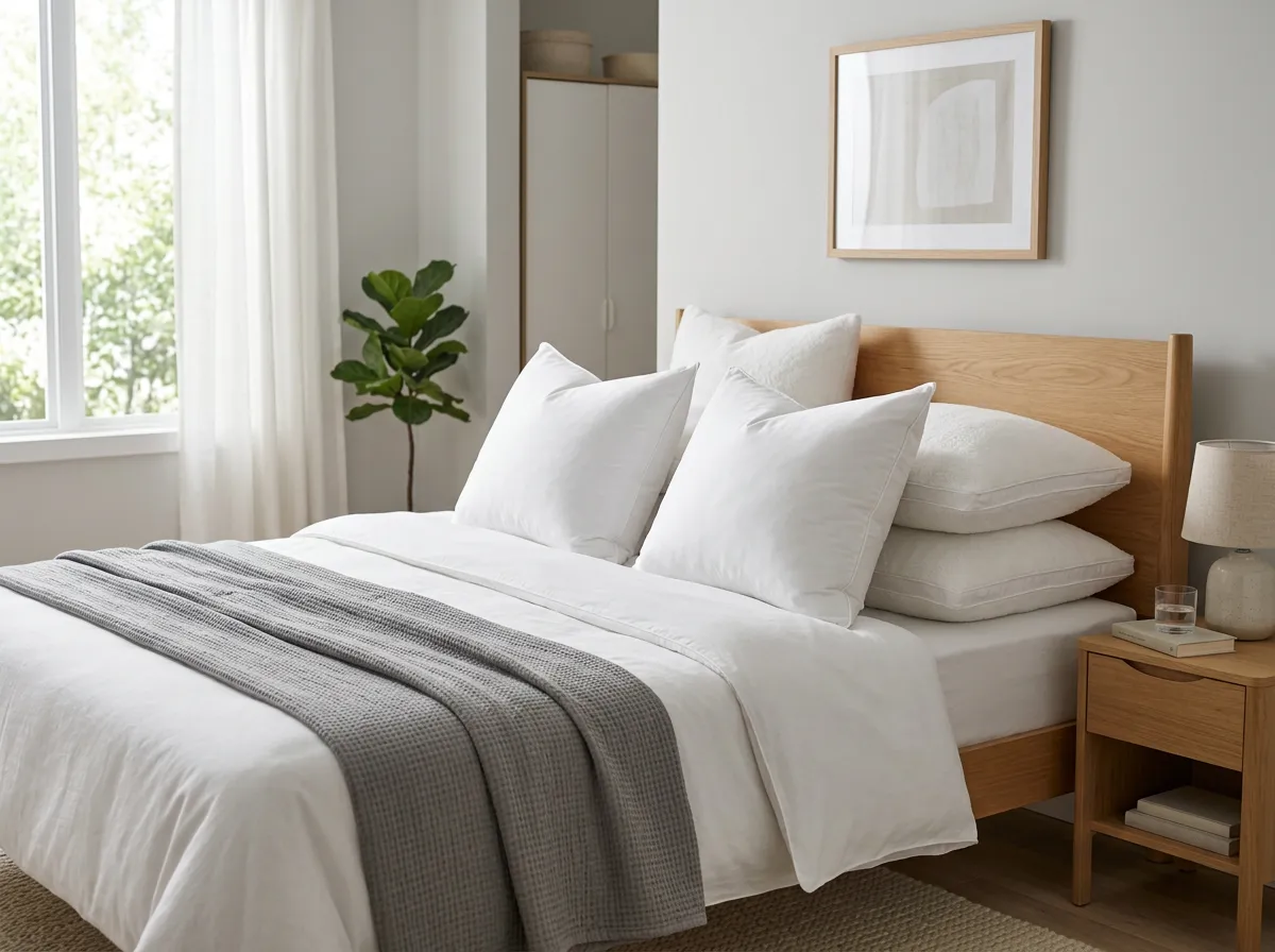 Pillows on a neatly made bed in a bright furnished rental bedroom