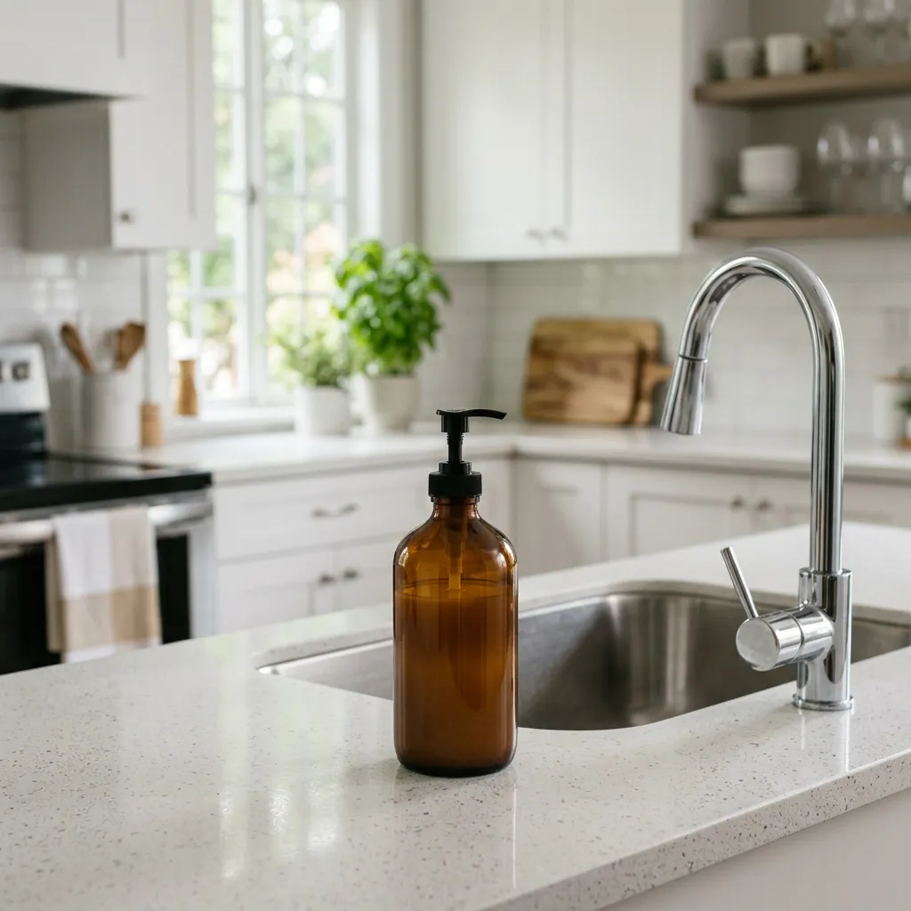 Hand soap pump bottle by a kitchen sink in a furnished rental