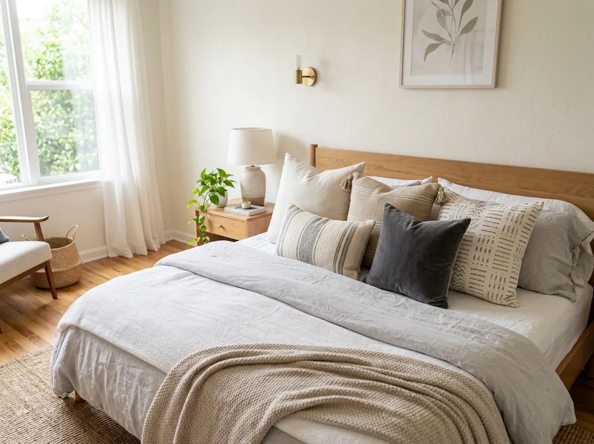 Throw pillows arranged on a bed in a bright furnished rental interior