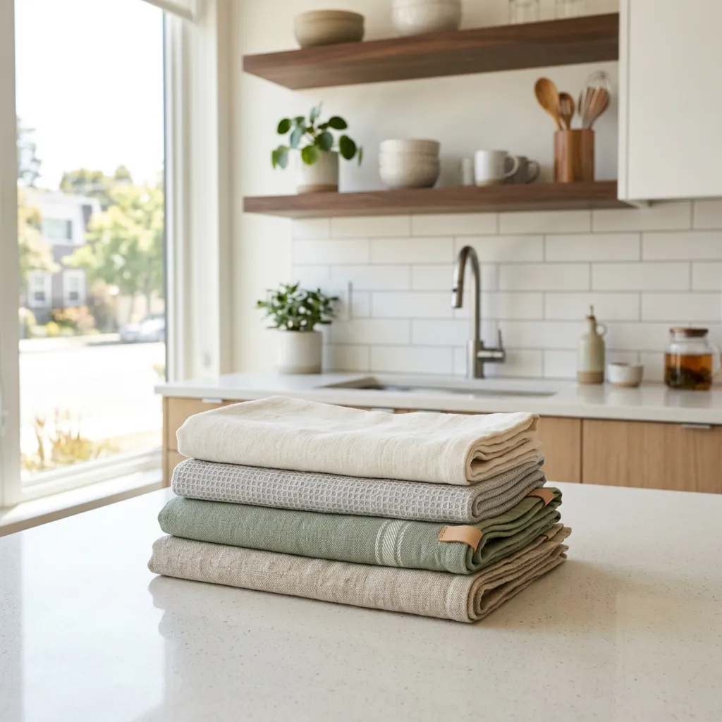 Folded dish towels on a kitchen counter in a furnished rental