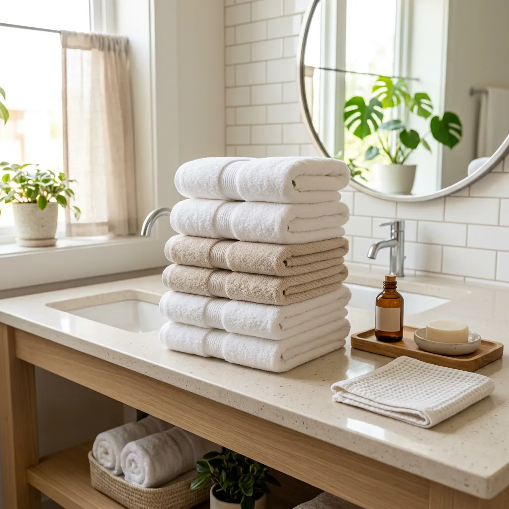 Bath towels folded on a bathroom counter in a furnished rental