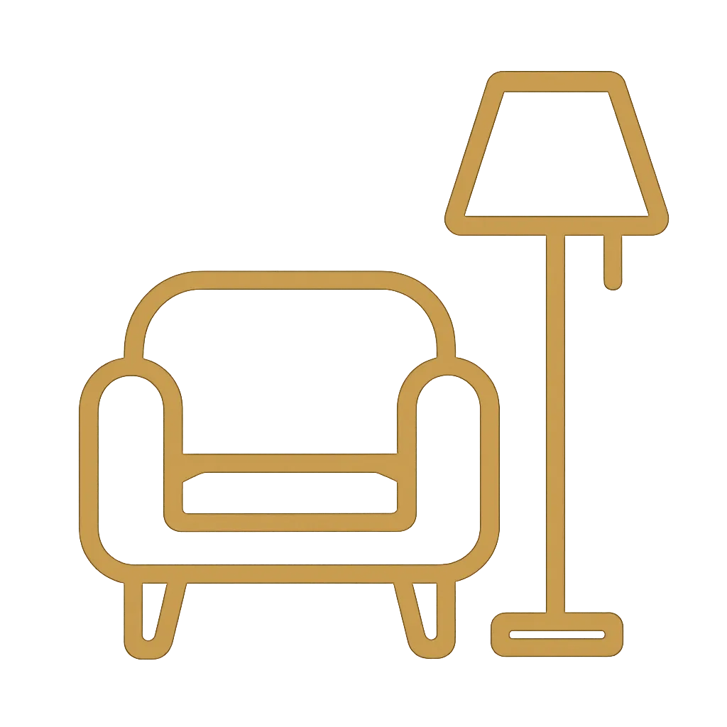 Gold furnishing and prepping icon (sofa and lamp)