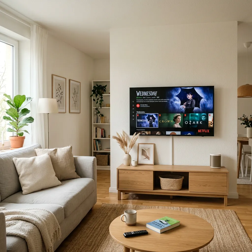 Smart TV on a media console in a cozy living room