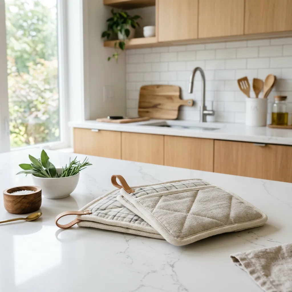 Pot holders on a kitchen counter in a furnished rental