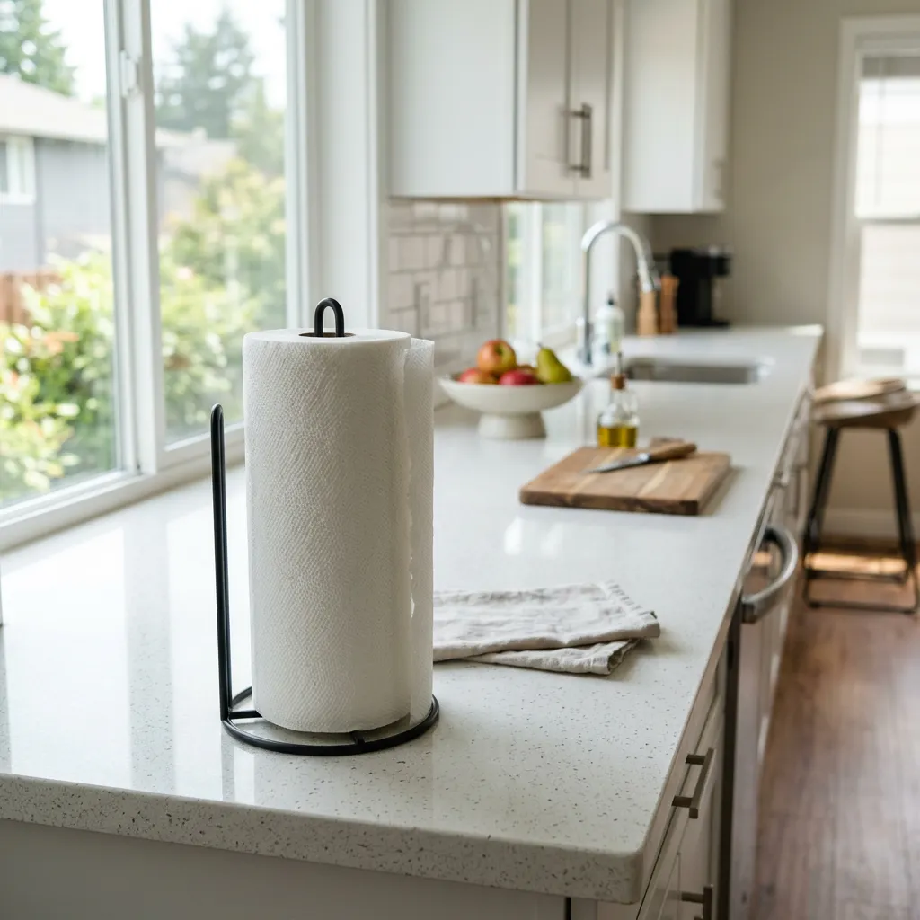 Paper towel roll on a holder on a kitchen counter in a furnished rental kitchen
