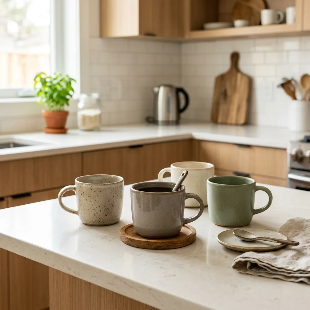 Coffee mugs on a kitchen counter in a furnished rental.