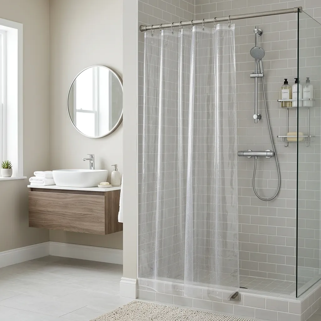 Shower curtain liner in a bright, furnished rental bathroom