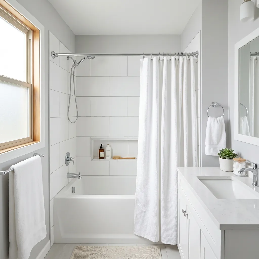 Shower curtain rod in a bright, furnished rental bathroom