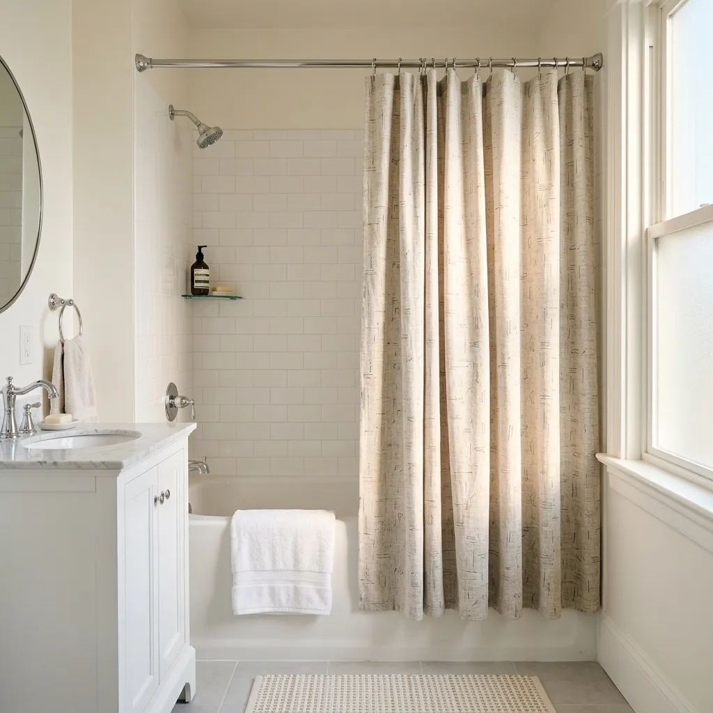 Shower curtain in a bright, furnished rental bathroom