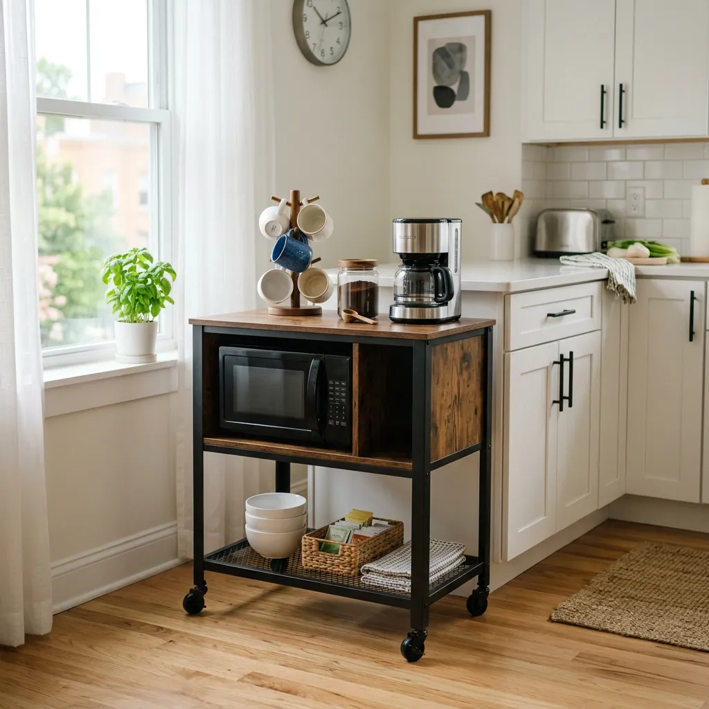 Coffee or microwave cart in a bright furnished rental kitchen