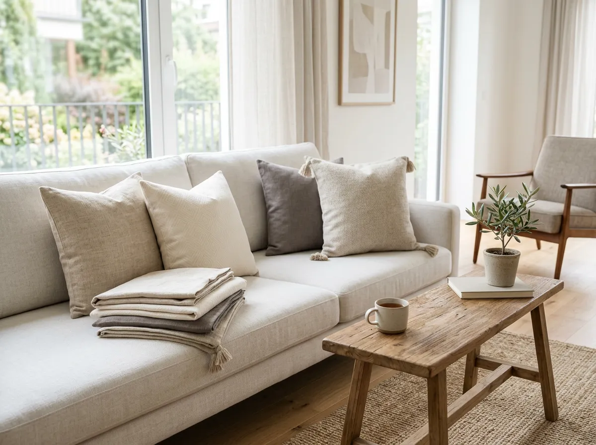 Throw pillow covers in a bright furnished rental interior