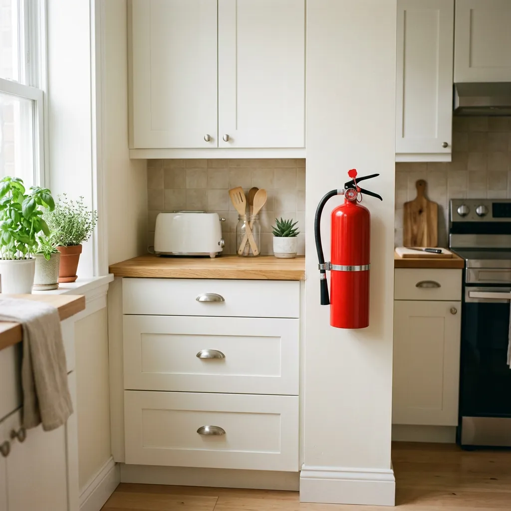 Fire extinguisher in a bright, furnished kitchen