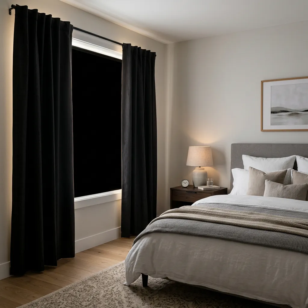 Blackout window coverings in a furnished rental bedroom