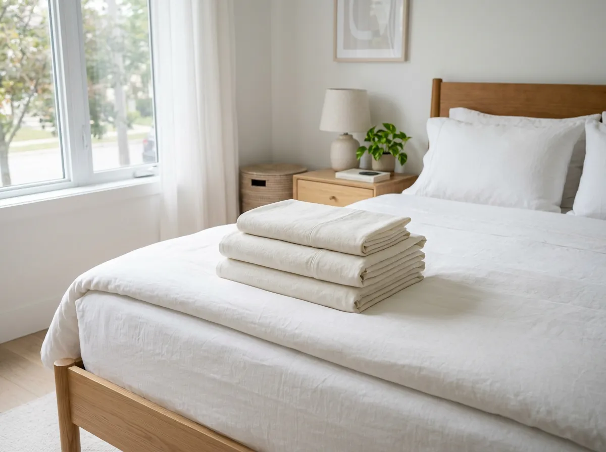 King pillowcases folded neatly on a bed in a bright furnished rental bedroom