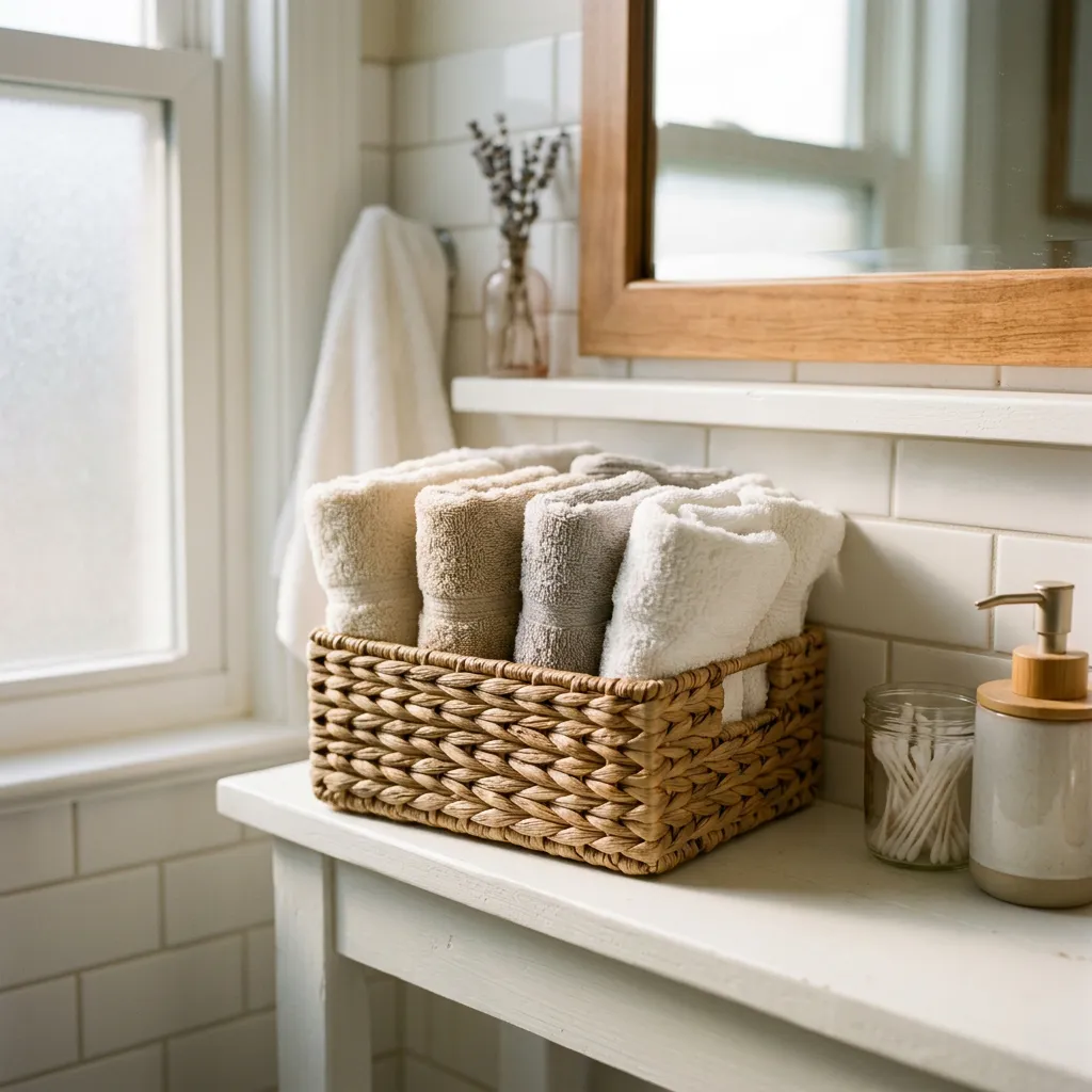 Washcloths folded in a basket in a furnished rental bathroom