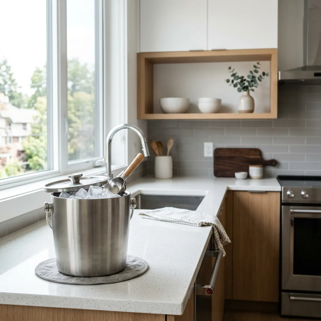 Ice bucket on a kitchen counter in a furnished rental
