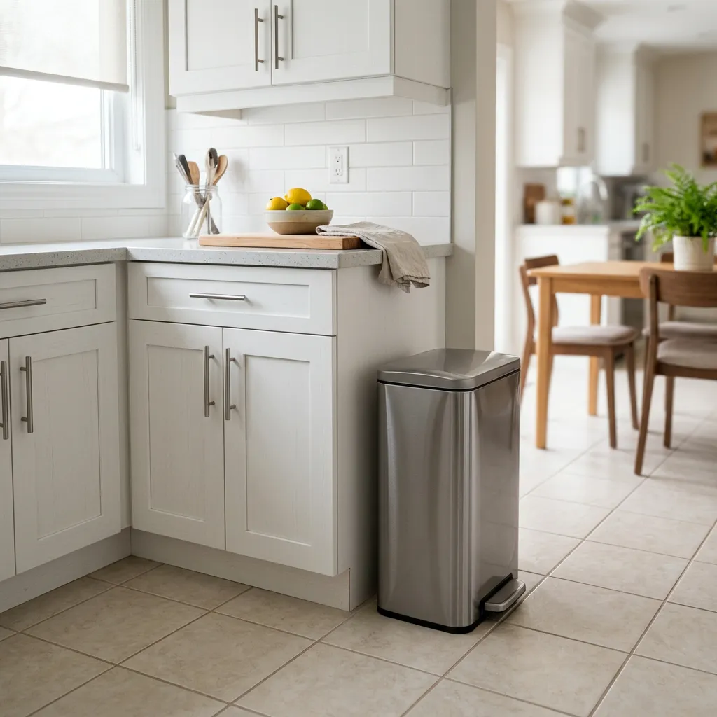 Kitchen garbage can next to cabinets in a furnished rental kitchen