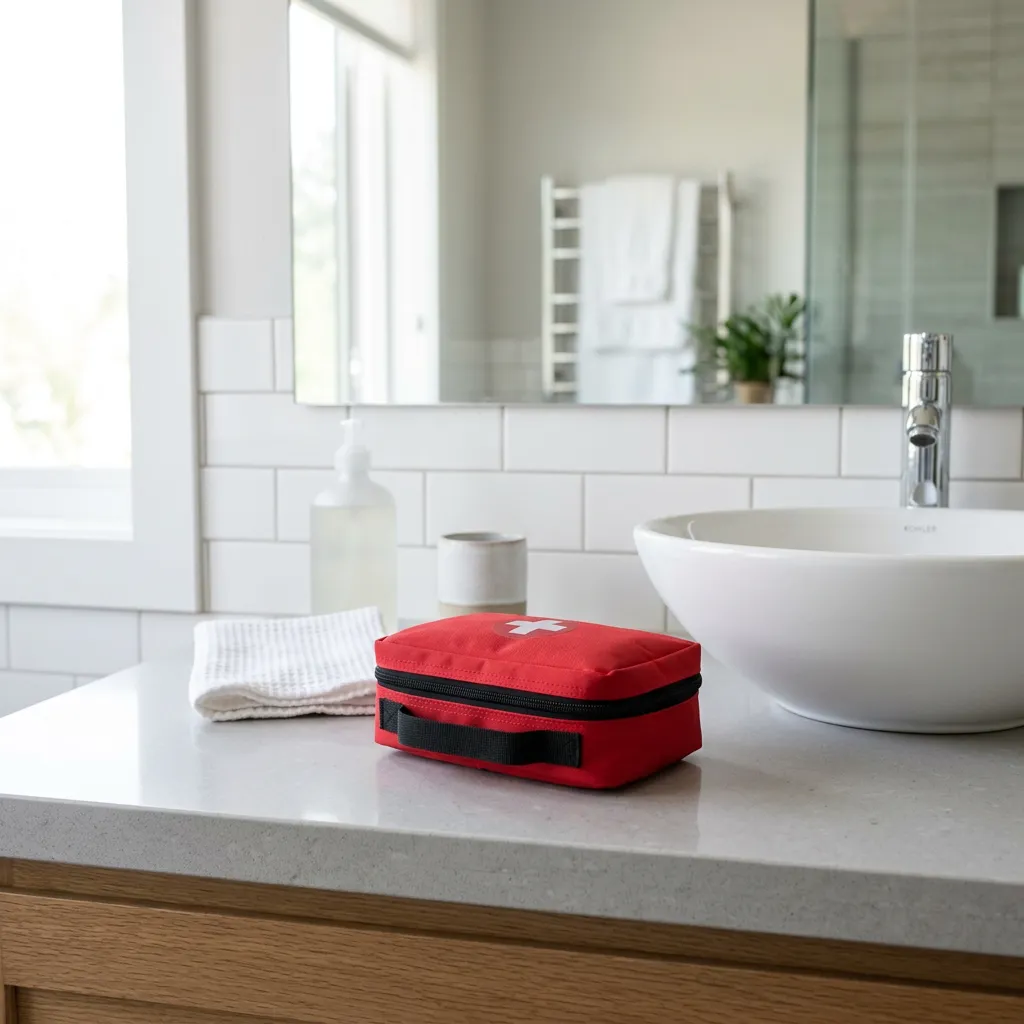 First aid kit on a bathroom counter in a furnished rental.