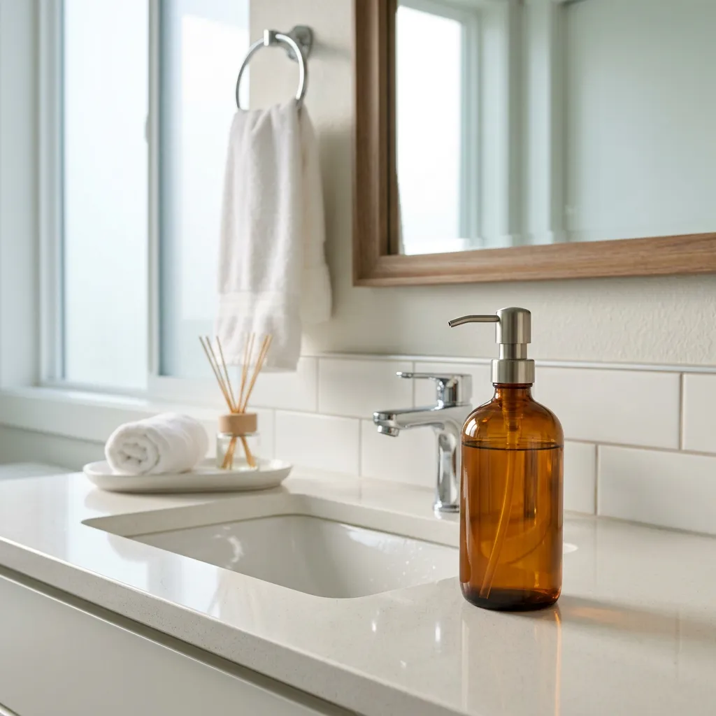 Hand soap bottle on a bathroom sink in a furnished rental