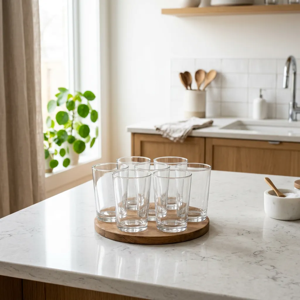 Glassware set on a kitchen counter in a furnished rental.