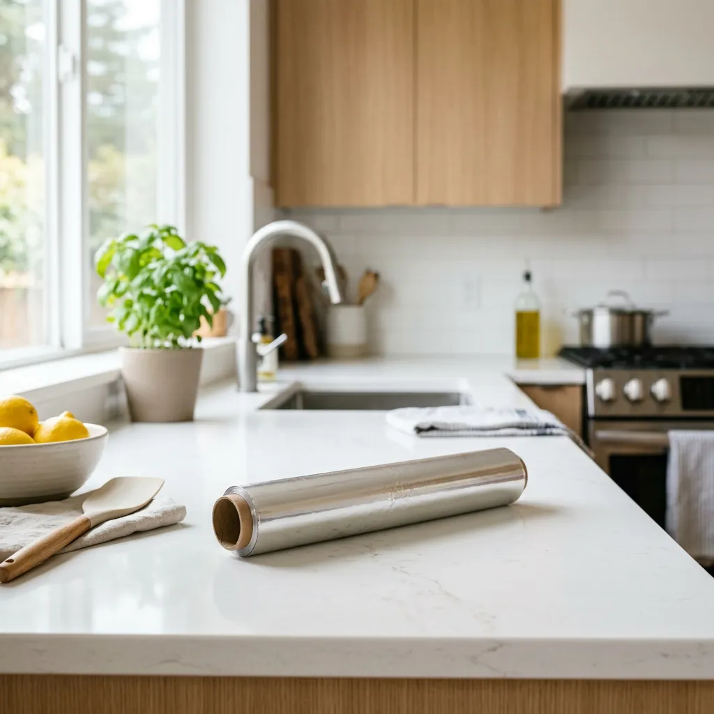 Aluminum foil roll on a kitchen counter in a furnished rental kitchen