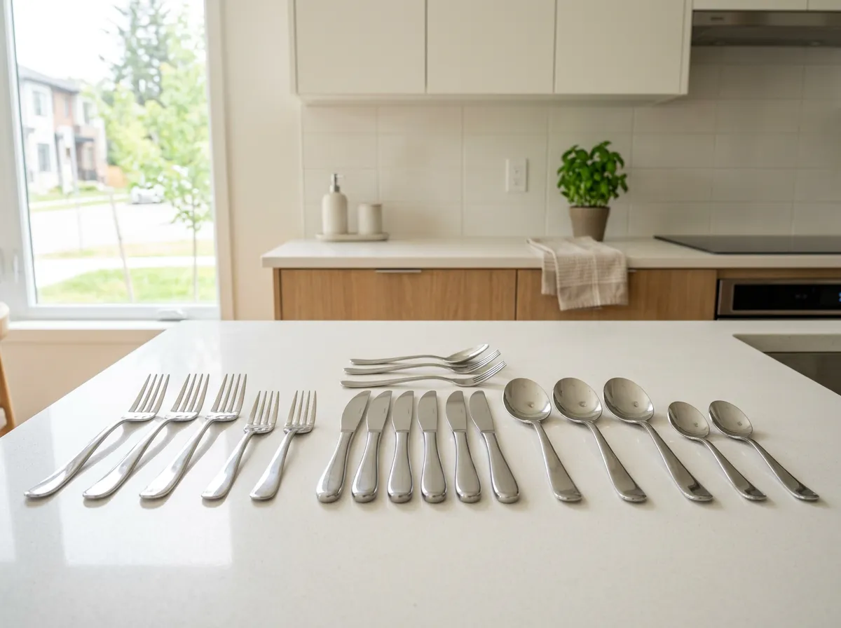 Silverware set on a kitchen counter in a furnished rental