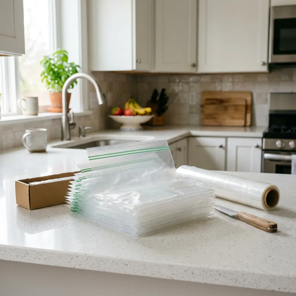 Sandwich storage bags on a kitchen countertop in a furnished rental