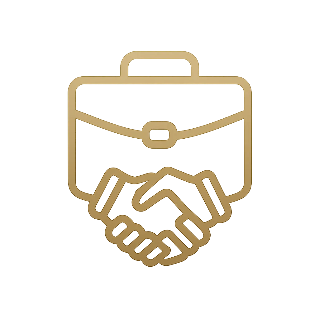 Gold outreach icon (briefcase and handshake)