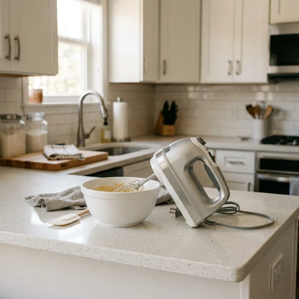 Hand mixer on a kitchen counter in a furnished rental