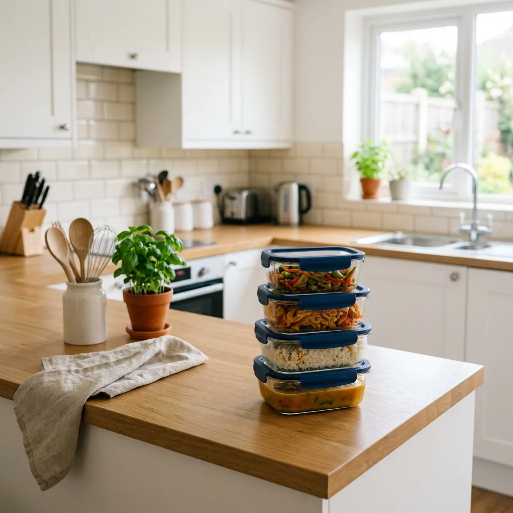 Reusable lidded leftover containers on a kitchen counter in a furnished rental